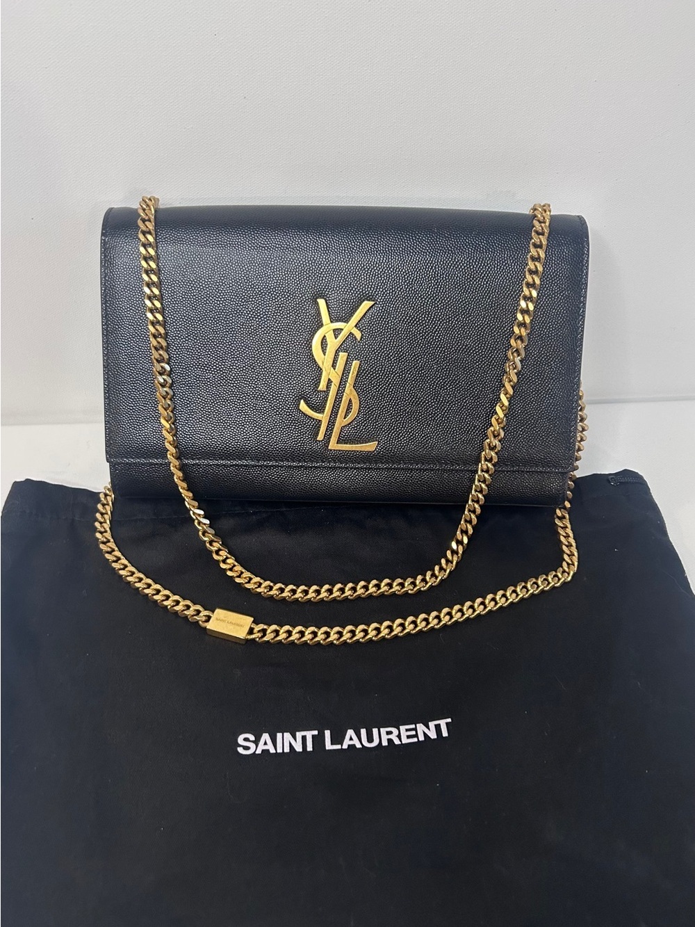 VGUC Saint Laurent YSL Kate Medium Black Grain de Poudre Leather Gold Chain Bag